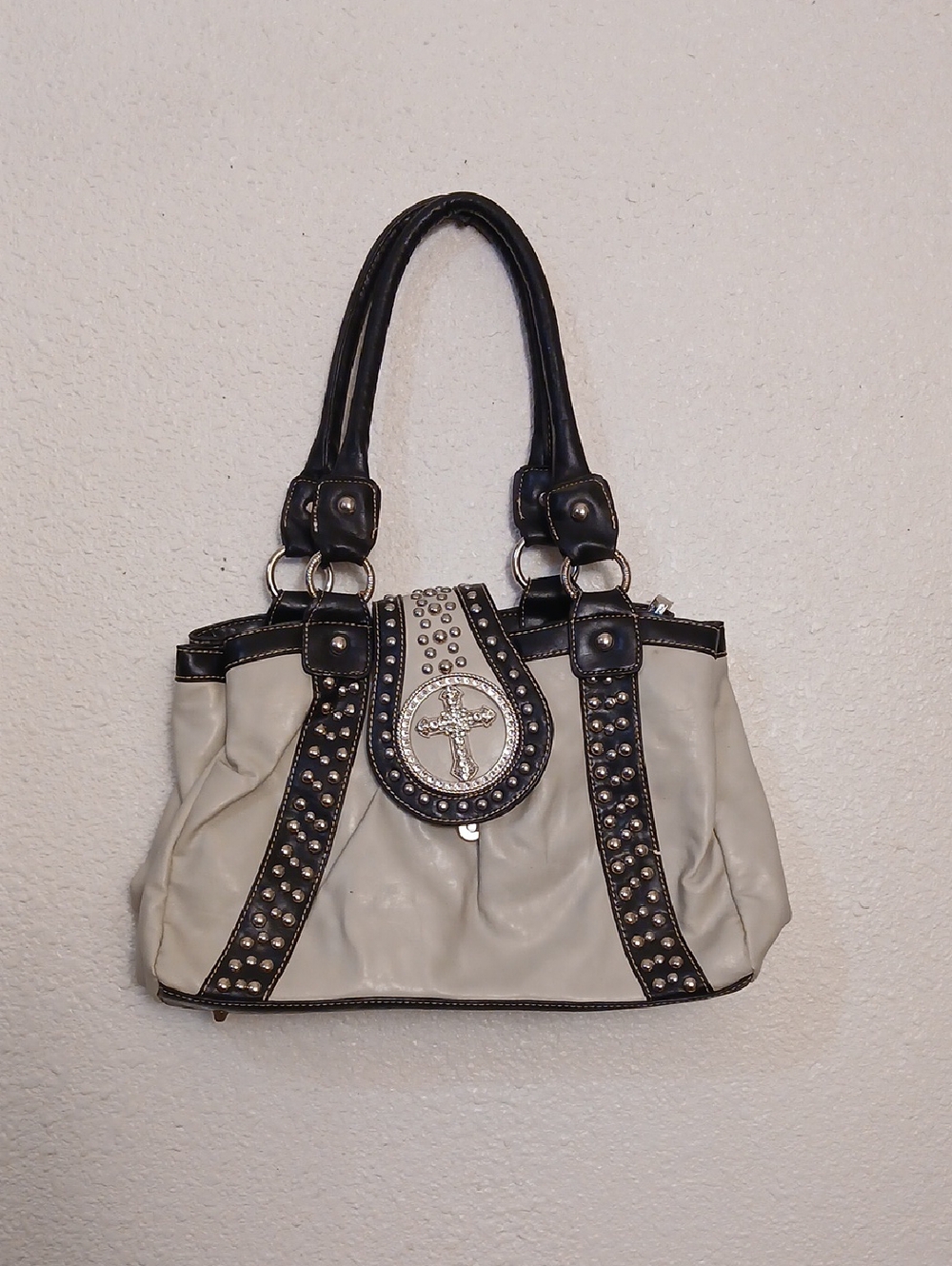 Cream and Black Studded Shoulder Bag with Cross Accent